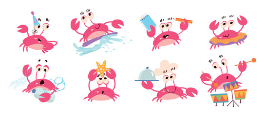 Cute crabs characters. Ocean crab cooking and surfing. Emotional ocean animals play music, looking on sea star and fights plastic waste, nowaday vector set © MicroOne