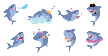 Cute shark. Cartoon sharks various emotions and activities. Isolated ocean predators sleep, play, eating, listen music. Sea animals nowaday vector set