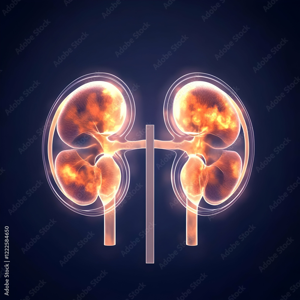 Poster 3d illustration of glowing kidneys shows internal structure and function perfectly on dark backgroun