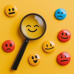 A magnifying glass focuses on a smile face among different feedback emoticons on a yellow background.