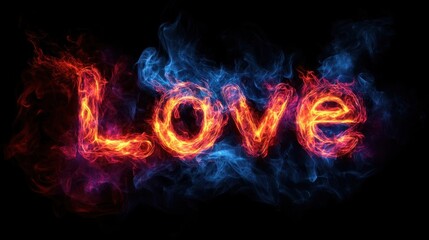 A fiery love sign made of glowing flames.
