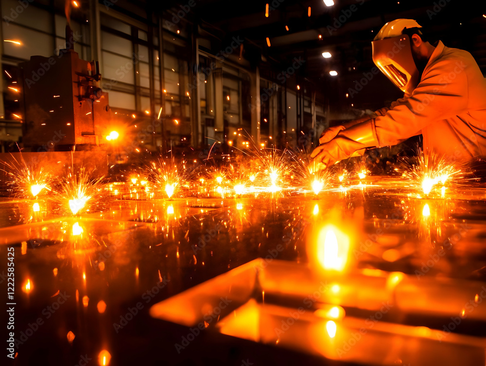 Poster worker wields torch, creating a shower of sparks in industrial setting at night.