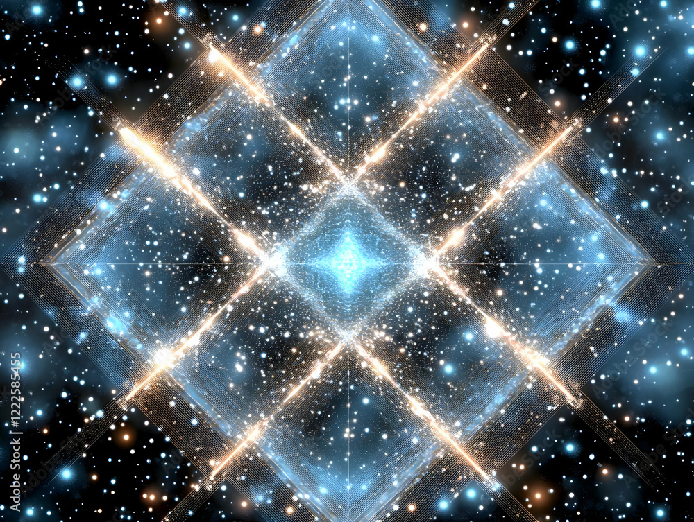 Poster abstract background creates a dazzling display with intersecting glowing lines and sparkling particl