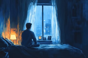 Fototapeta premium A lone man staring out of a window, with the curtains drawn around him, creating a peaceful and reflective moment of solitude in his bedroom.