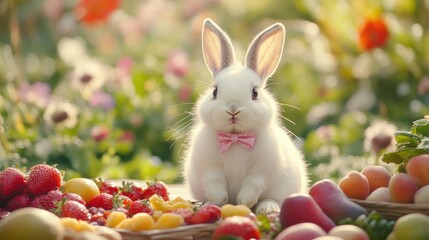 A fluffy white rabbit surrounded by fruits.