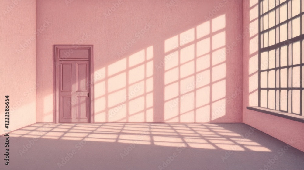 Poster sunlight streams through window in empty pink room.