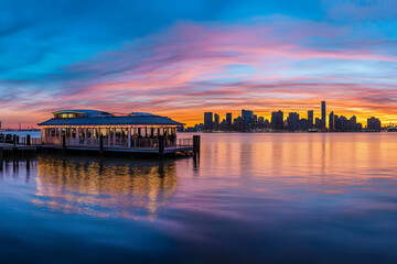 Waterfront Restaurant Reflects City Skyline at Sunset