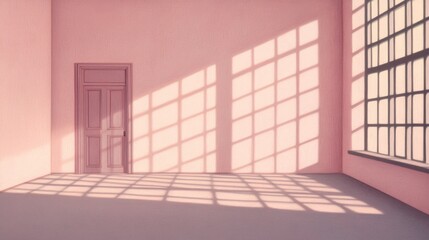 Sunlight streams through window in empty pink room.