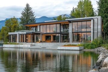 A lakeside retreat with modular construction, large glass sections, and a mix of concrete and timber materials