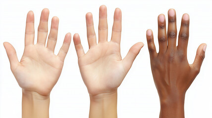 Fototapeta premium Diverse hands joining in unity gesture, symbolizing togetherness and harmony. This represents inclusivity and beauty of different skin tones