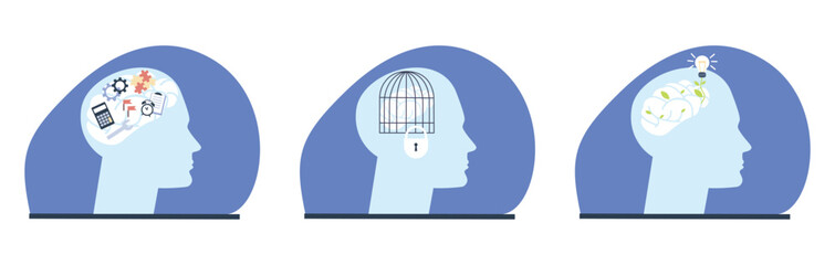 Abstract mindful concept. Human brain overthinking, thinks about many things at once, in cage and generate new ideas. Multitasking mind, vector concept