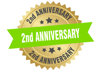2nd anniversary. 2nd anniversary round green and gold label isolated on transparent background