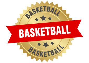 basketball. basketball round red and gold label isolated on transparent background