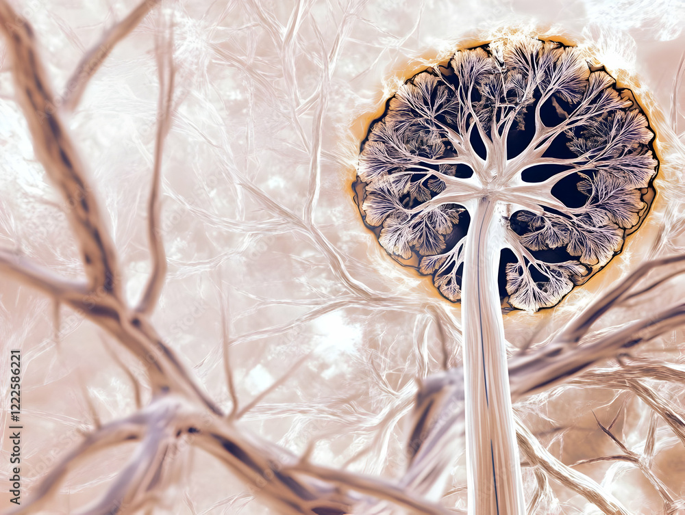 Aufkleber abstract 3d render of a glowing tree with intricate branches reaches towards a soft light.