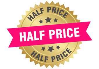 half price. half price round pink and gold label isolated on transparent background