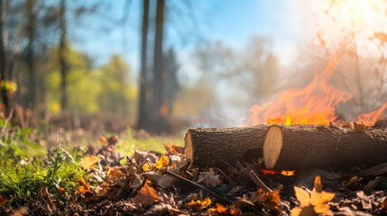 Burning Log Surrounded by Colorful Autumn Leaves in Nature Scene