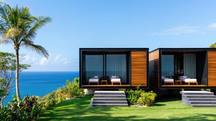 Eco-Friendly living concept. Modern seaside villas with stunning views of the ocean and surrounding landscape.