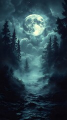 Fototapeta premium A background of a spooky, foggy forest lit by the pale moonlight.