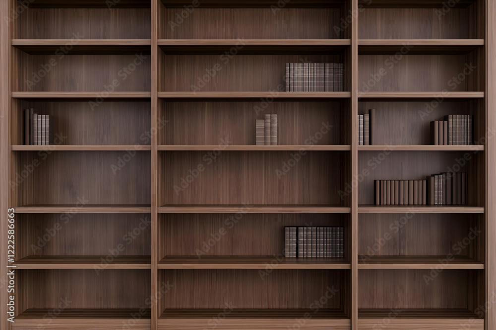 Poster wooden bookshelf holds books neatly organized, displaying a collection for reading enthusiasts.