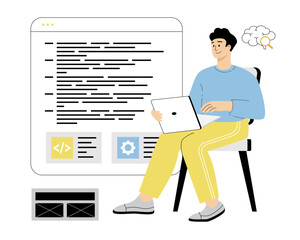 Software Development. Developer works on laptop and programs in programming languages. Vector illustration on isolated white background.	