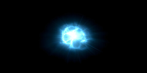 Obraz premium Bright Blue Energy Sphere Emits Light Beams on Dark Background