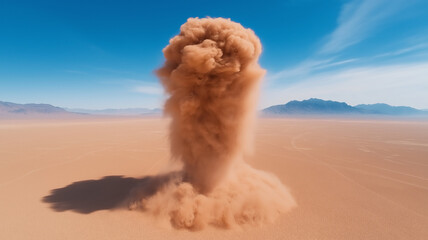 Dramatic dust devil rising in desert, showcasing chaos and natural beauty. swirling dust contrasts against clear blue sky and distant mountains, creating striking visual