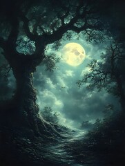 A background of a spooky, foggy forest lit by the pale moonlight.