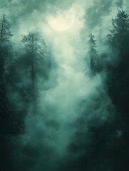Fototapeta premium A background of a spooky, foggy forest lit by the pale moonlight.