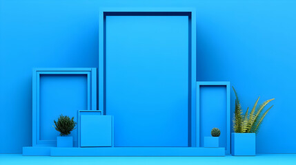 3D Blue Room with Frames, Plants, and Podiums, Minimalist and Modern Scene