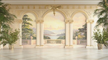 Naklejka premium Mythological Fusion: Grand Hotel Lobby Mural of Greek Scenes and African Savannah Cinematic Silhouettes