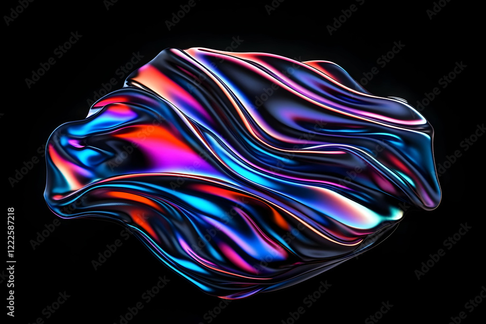 Poster 3d render of abstract iridescent fluid form with vibrant colors on a black background