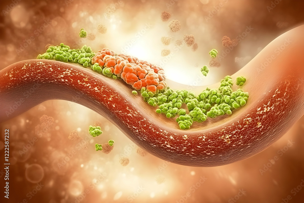 Poster microscopic view of virus particles attaching to a cell surface in a biological environment