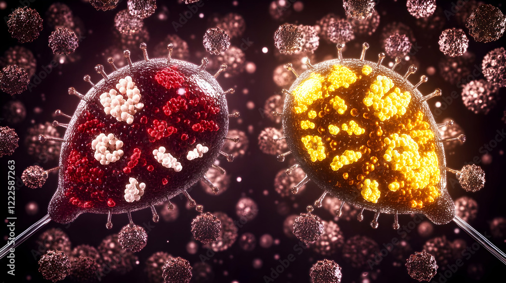 Poster 3d illustration shows two different viruses interacting within a microscopic environment