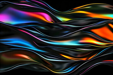 Iridescent Liquid Flows Dynamically in Vibrant Hues Across a Dark Background, Creating an Abstract Digital Art Piece.