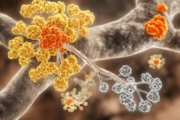 Microscopic View of Mold Growing on Filamentous Structures in Detailed 3D Illustration