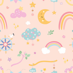 Childish seamless pattern with cute decorative elements. Rainbow, clothes, flowers, baby mobile with hanging, steering wheel and bird, vector background