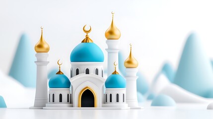 Serene 3D Render of a Mosque Against a Minimalist Landscape
