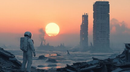 Fototapeta premium An astronaut exploring alien ruins.