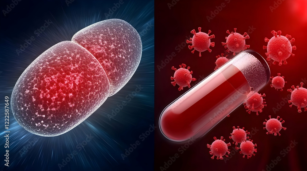Poster microscopic view of a bacterium and a capsule containing red liquid surrounded by virus particles