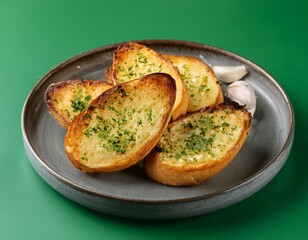 Tasty crispy garlic bread in plate on green background
