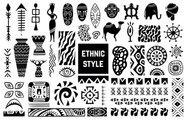 Ethnic style elements collection. Isolated doodle ornaments, african masks and animal silhouettes, decorative mascots and symbols. Tribal vector clipart