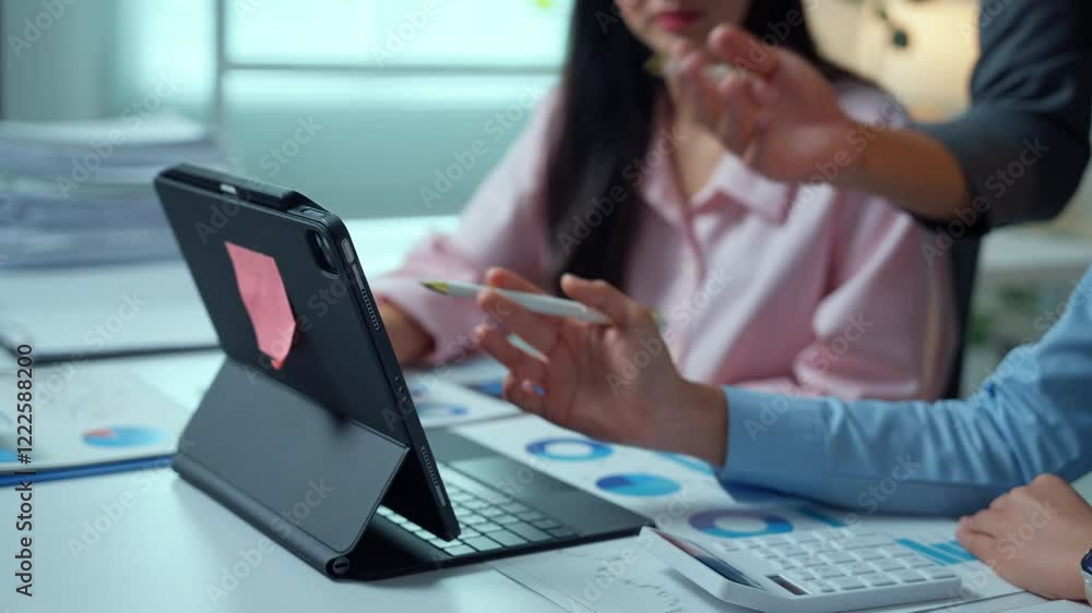 Poster professional business team analyzing financial data on tablet, collaborating and pointing at charts 