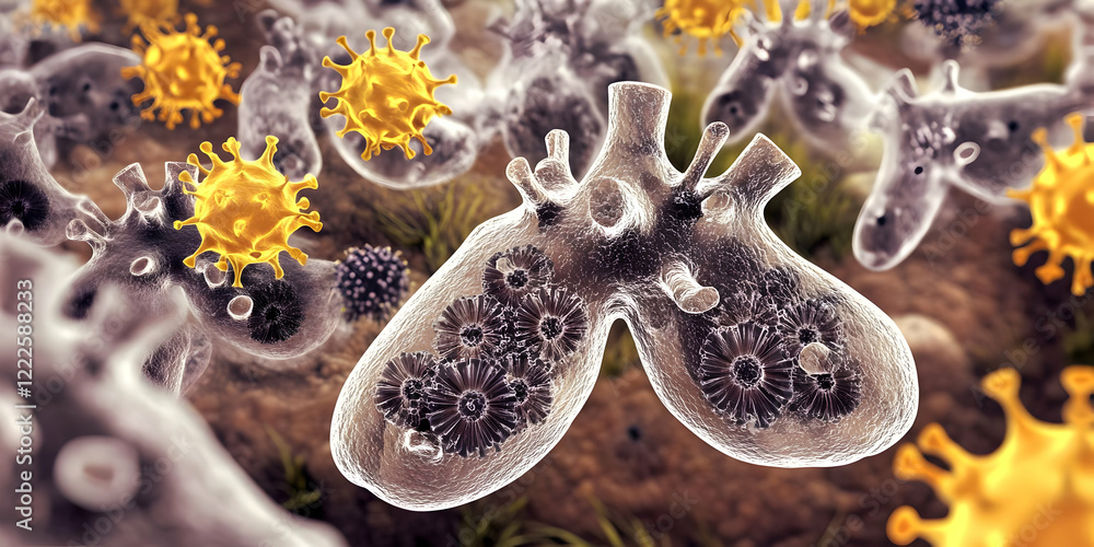 Aufkleber microscopic view of alveoli with viruses and pathogens interacting dynamically in the lungs