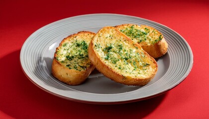 Tasty crispy garlic bread in plate on red background
