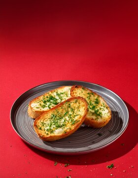 Tasty crispy garlic bread in plate on red background