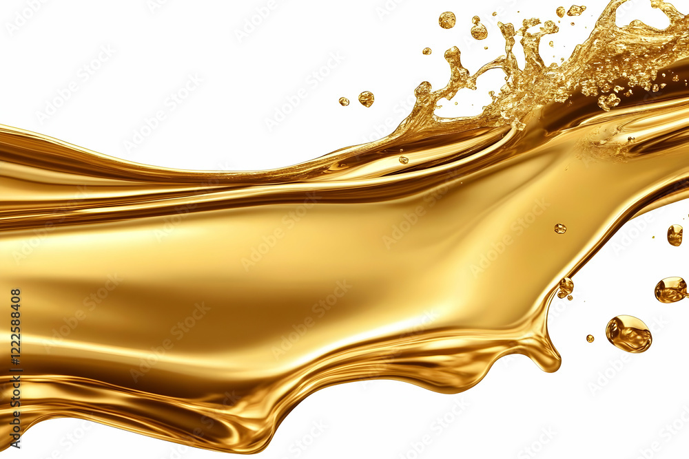 Poster a splash of liquid gold flows smoothly across a white background with dynamic splashes