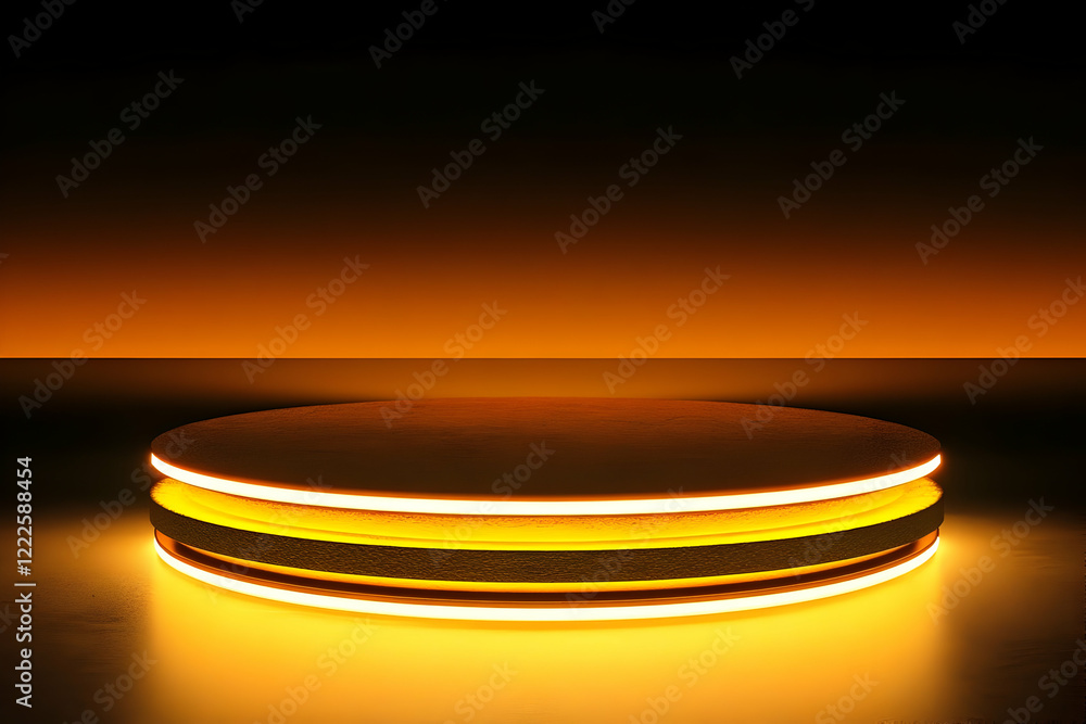 Poster 3d rendered circular platform illuminates with vibrant orange neon lights in a dark setting