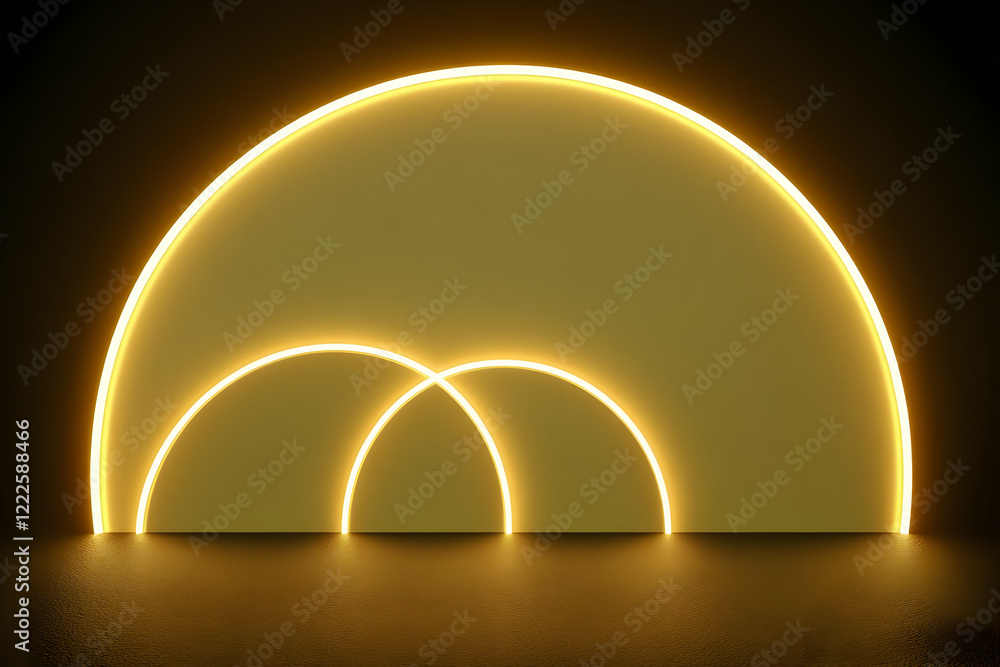 Poster 3d abstract background with golden neon lights shining brightly on a dark surface with subtle textur