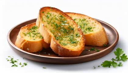Tasty crispy garlic bread in plate on white background