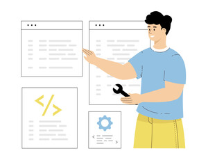 Software Development. Script coding, programming. Software engineer working on web development, fixing bugs. Vector illustration on isolated white background.	